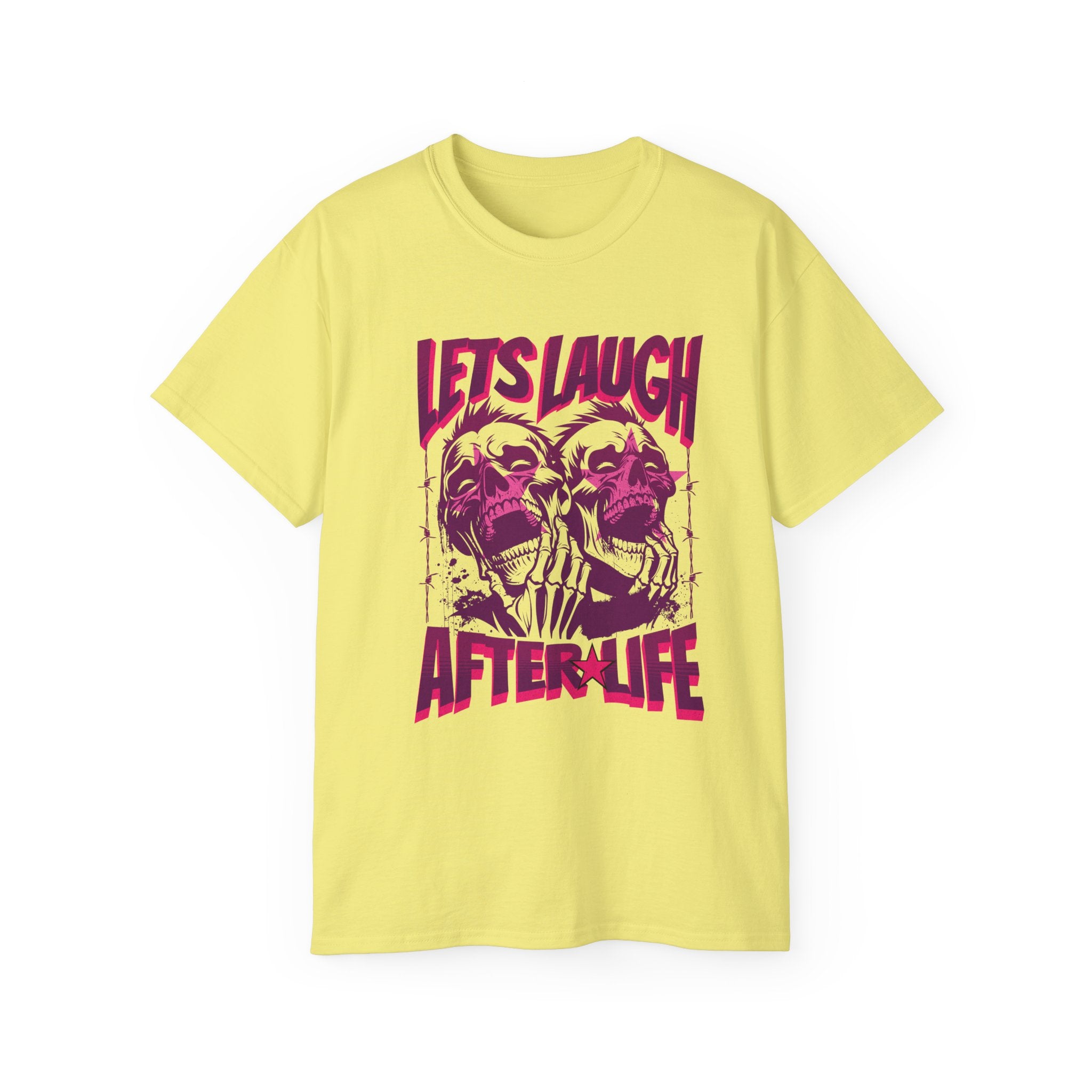 Let's Laugh After Life - Unisex Cotton Crew Tee (Front) - Damned Threads